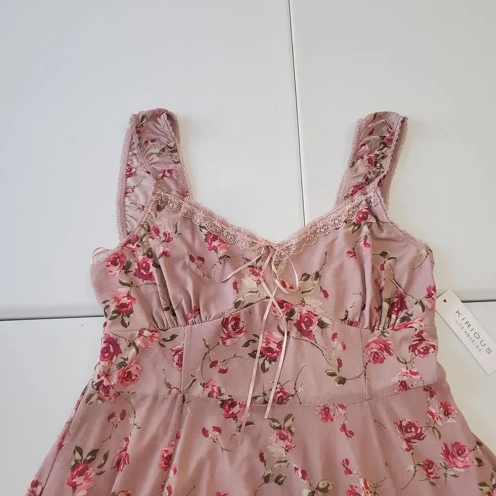 Y2K Fairy Grunge Whimsy Dress Women Large Pink Floral Handkerchief Hem Lace Boho - Picture 2 of 9